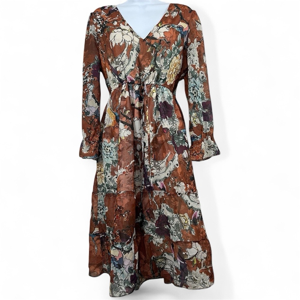 Anthropologie Hemant & Nandita Zeri Peasant‎ Dress 10 Brown Floral Boho Cottage